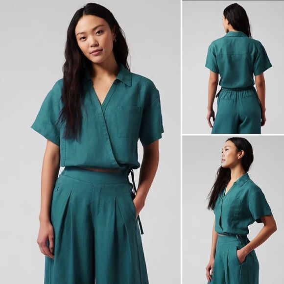 Athleta Women’s Tie Top Short Sleeve 100% Linen Borealis Green Size Medium $79 - Picture 1 of 15